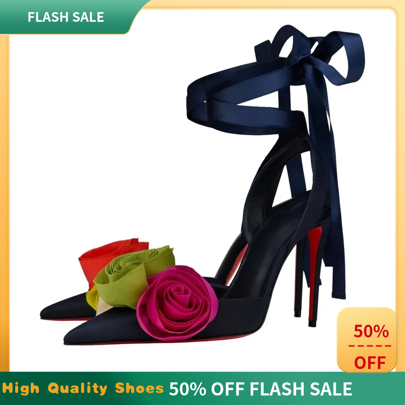 Ribbon Tie Heel - Women Elegant Glam Floral Satin Pointed