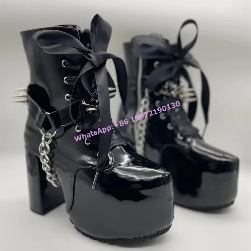 Ribbon Tied Rivet Black Boots  - Ribbon Tie Heel review and price
