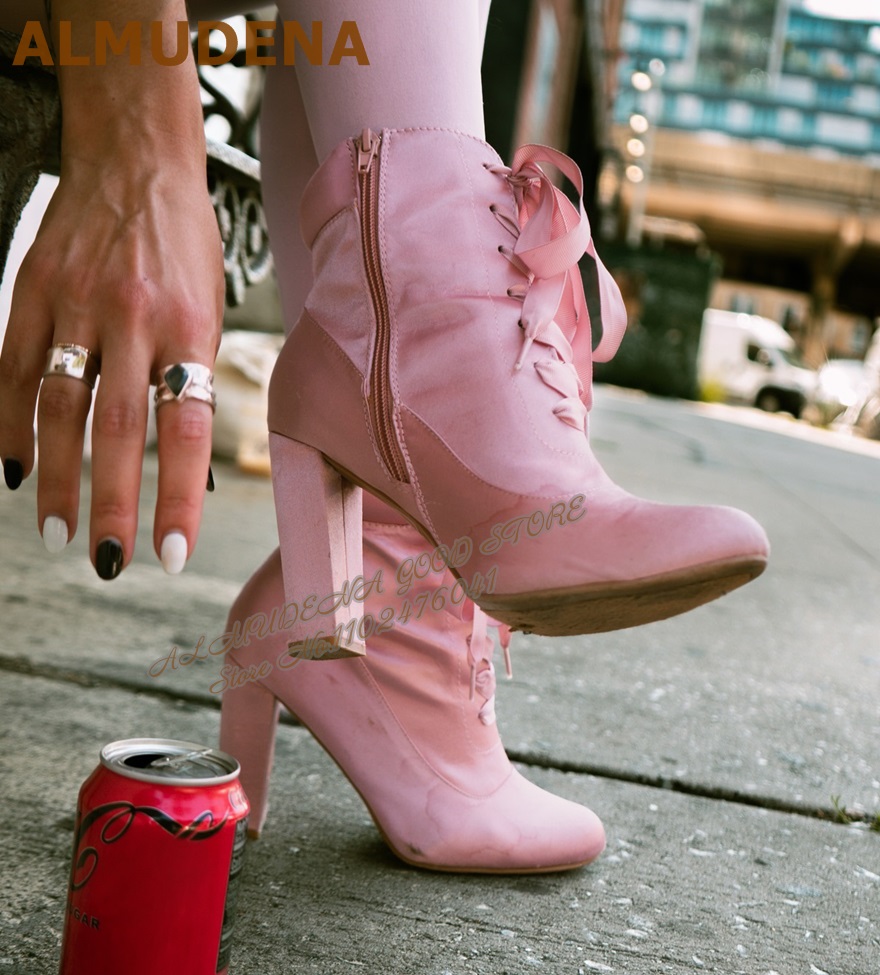 ALMUDENA Pink Satin Chunky Hee - Ribbon Tie Heel review and price