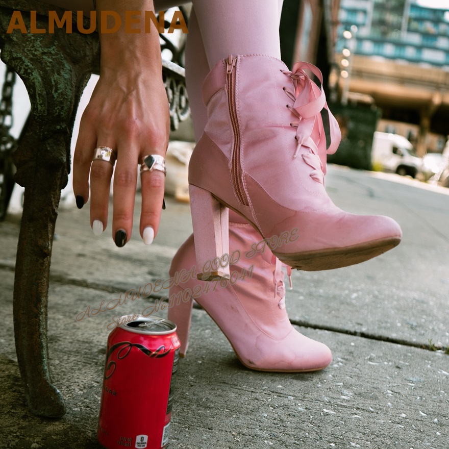 ALMUDENA Pink Satin Chunky Hee - Ribbon Tie Heel review and price