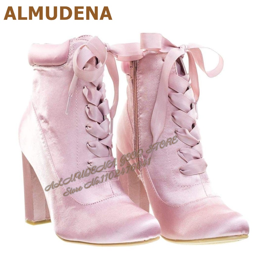 ALMUDENA Pink Satin Chunky Hee - Ribbon Tie Heel review and price