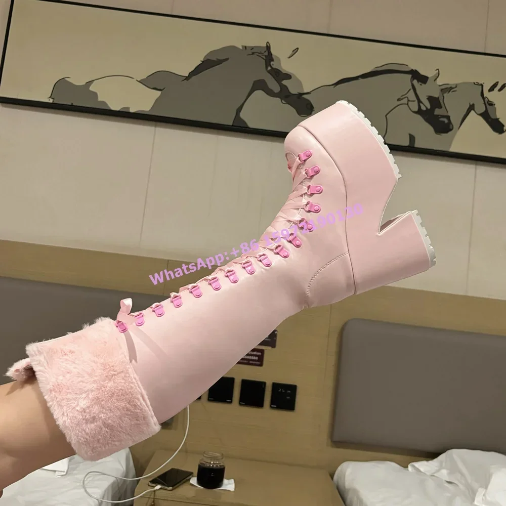 Pink Furry Boots Thick Soled L - Ribbon Tie Heel review and price