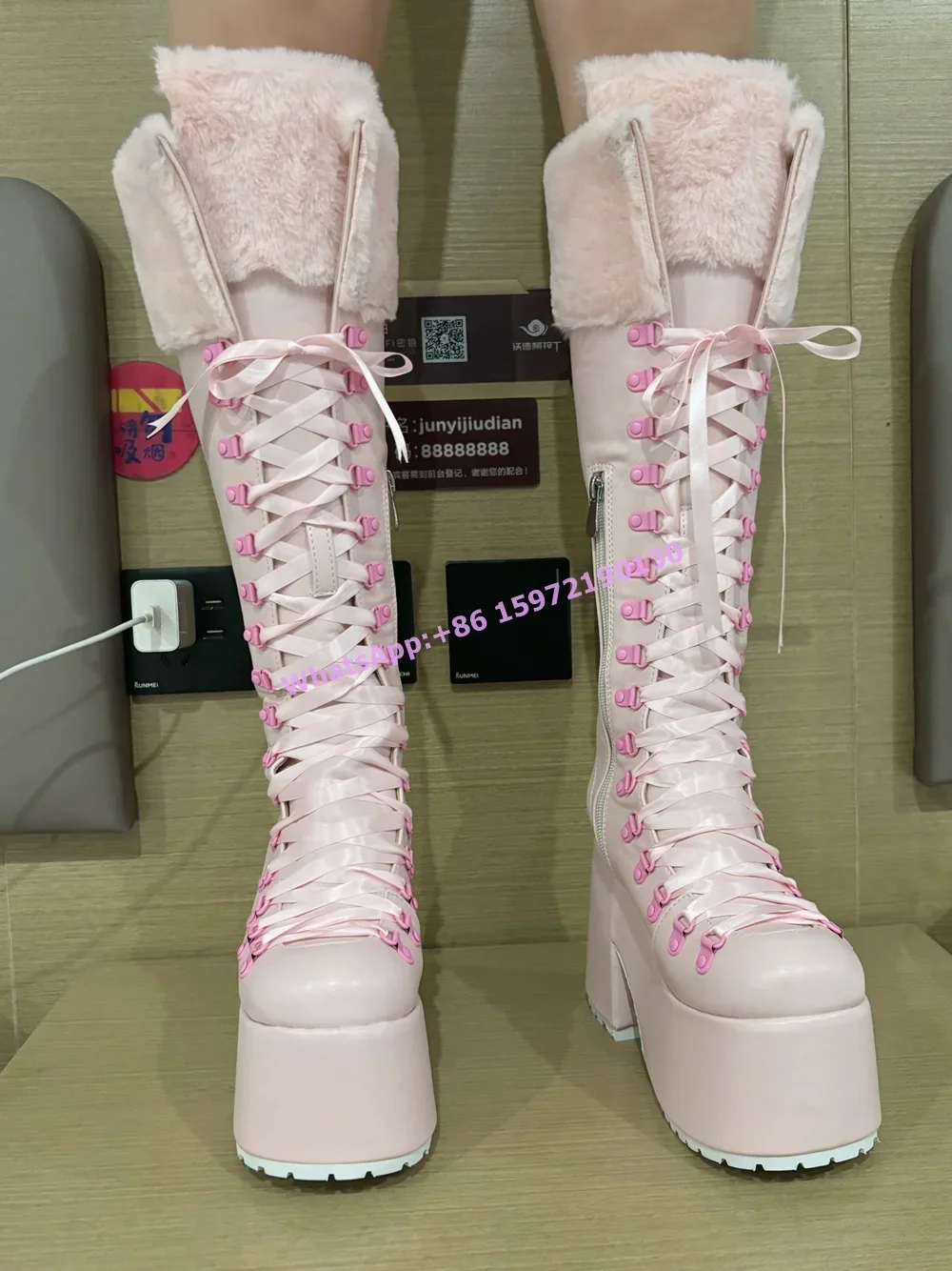 Pink Furry Boots Thick Soled L - Ribbon Tie Heel review and price