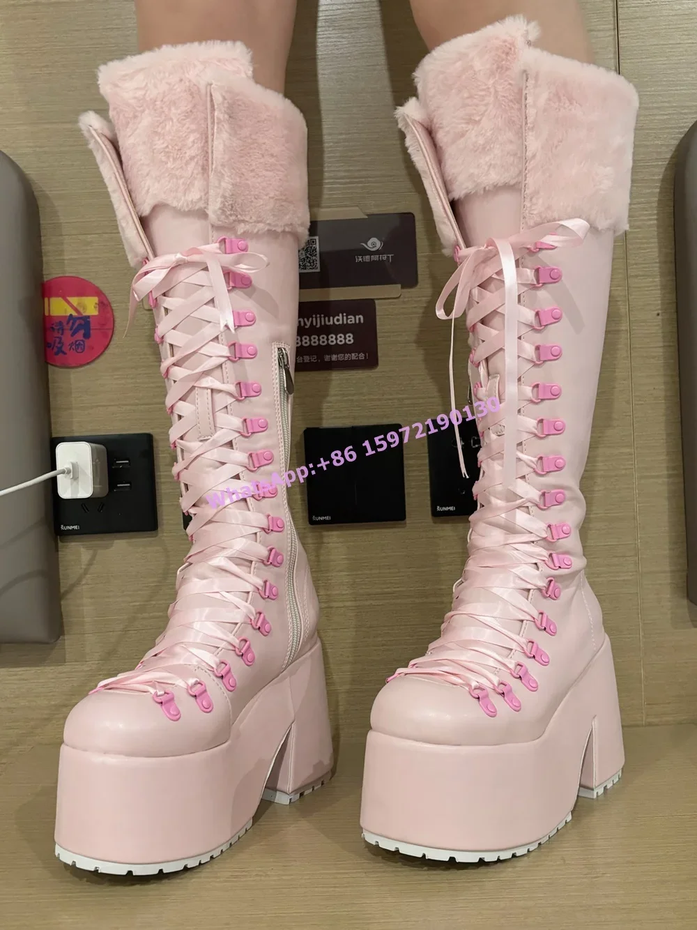 Pink Furry Boots Thick Soled L - Ribbon Tie Heel review and price