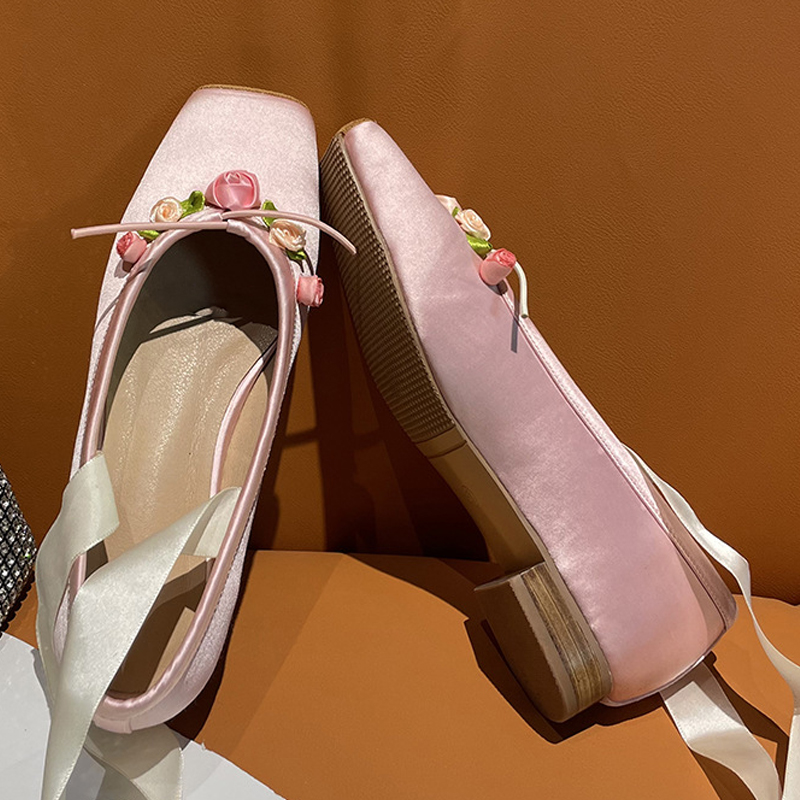 Women Pink Satin Square Toe Lo - Ribbon Tie Heel review and price